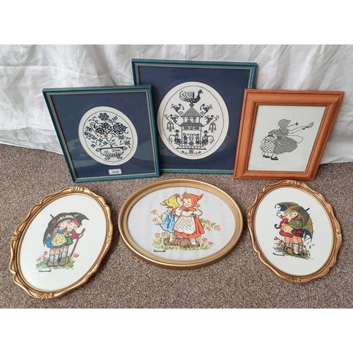 1046 - VARIOUS EMBROIDERIES TO INCLUDE ; GILT FRAMED HUMMEL FIGURE EMBROIDERY'S ETC