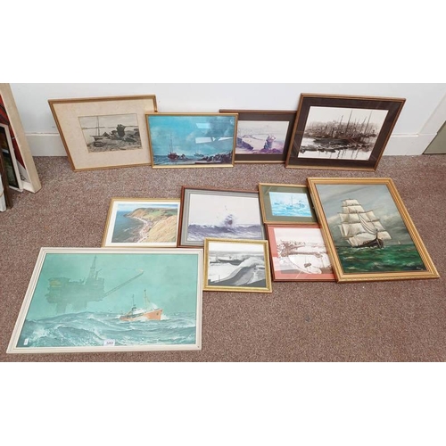 1053 - SELECTION OF MARITIME THEMED PICTURES, ETC TO INCLUDE; KEITH SHACKLETON, 'OIL RIG SCENE', PRINT, R.E... 