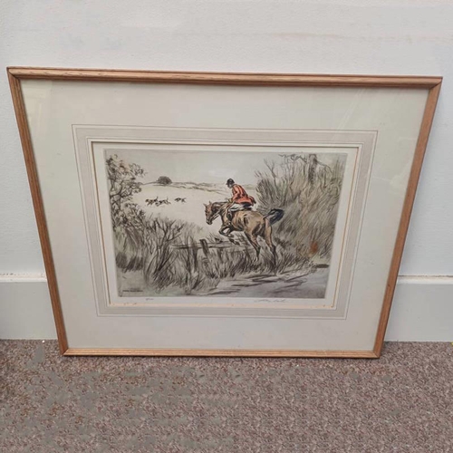 1055 - HENRY WILKINSON,  OVER THE FENCE SIGNED, 6/100 FRAMED COLOUR ETCHING 27 X 38 CM