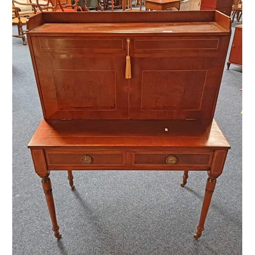 106 - 20TH CENTURY INLAID MAHOGANY WRITING DESK WITH FITTED INTERIOR BEHIND FALL FRONT OVER 2 DRAWERS ON T... 