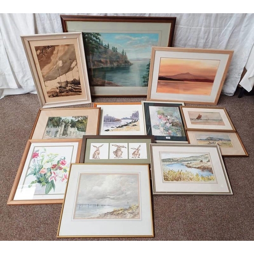 1064 - GOOD SELECTION OF WATERCOLOURS ETC TO INCLUDE ; RO HENDERSON, 'STILL LIFE OF FLOWERS'. SIGNED, WATER... 