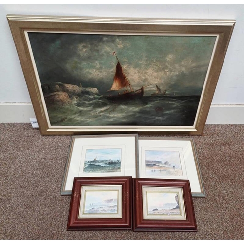 1065 - WH WILLIAMSON 'FISHING BOATS OFF CORNWALL' SIGNED FRAMED OIL PAINTING 49 CM X 75 CM, TOGETHER WITH F... 