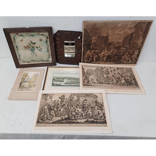 1068E - SELECTION OF UNFRAMED ENGRAVINGS TOGETHER WITH EMBOSSED DESIGN MIRROR & FRAMED SEWN WORK PICTURE
