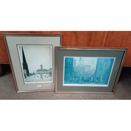 1068Y - 2 FRAMED L S LOWRY PRINTS, QUEUES OF PEOPLE, 40/550 WITH BLIND STAMP, 33 X 49 CM, & TOWNS HALL - MID... 