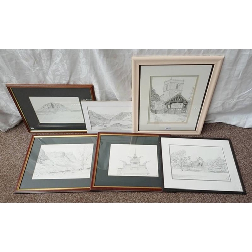 1075 - VARIOUS PENCIL DRAWINGS BY ANNE AVES TO INCLUDE ; BOLTON ABBEY 2006, CASTLE GATES ETC LARGEST : 34 C... 