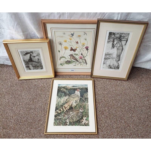 1083 - 3 FRAMED ETCHINGS OF VARIOUS ANIMALS BY T.J. GREENWOOD, ALL SIGNED IN PENCIL, AND ONE OTHER FRAMED P... 