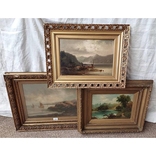 1084 - 3 GILT FRAMED OIL PAINTINGS, M SINCLAIR, 'THE FISHERMAN', SIGNED AND DATED 1980, J. CLIFFORD, 'ON TH... 
