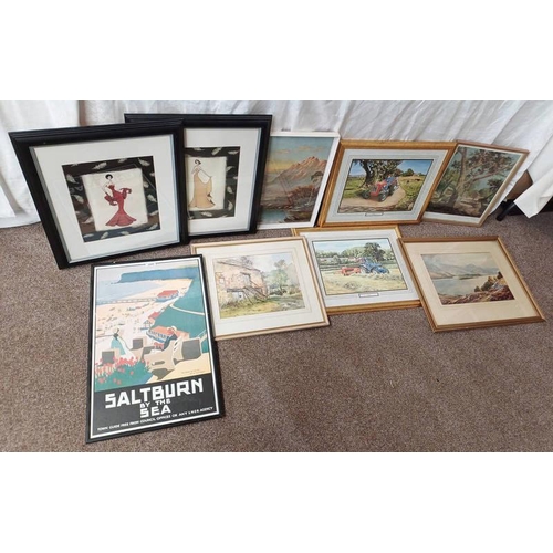 1085 - SELECTION OF PRINTS, WATERCOLOURS ETC TO INCLUDE; 'SALTBURN BY THE SEA' FRAMED POSTER, AFTER H.G. GA... 