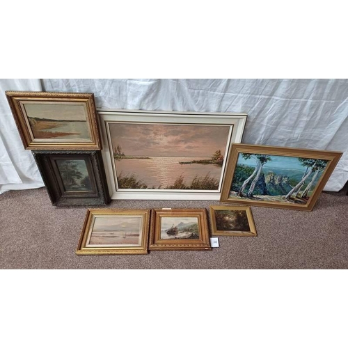 1092 - GOOD SELECTION OF OIL PAINTINGS TO INCLUDE ; A. RENTON, 'THE THREE SISTERS N.S.W.', SIGNED WITH LABE... 