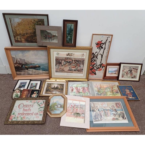 1098 - SELECTION OF PRINTS ETC TO INCLUDE J LOUIS WAIN, 'THE NAUGHTY PUSS', FRAMED PRINT, G PHILLIP, 'FLOWE... 