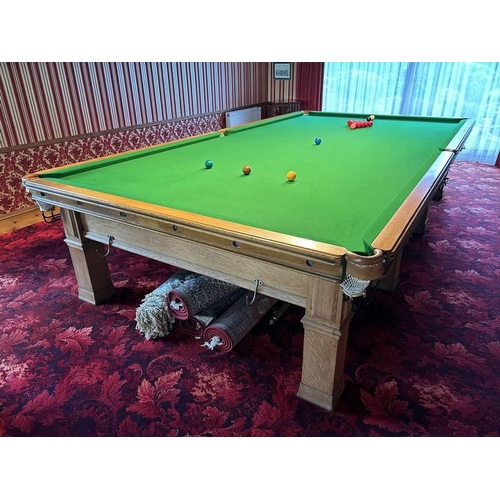 11 - 20TH CENTURY OAK FRAMED 4 SLATE BED SNOOKER TABLE ON SQUARE SUPPORTS, TOTAL LENGTH 383CM X TOTAL WID... 