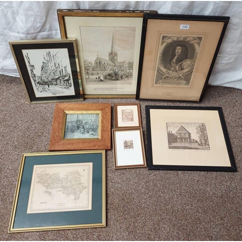 1102 - SELECTION OF ETCHINGS & ENGRAVINGS, ETC TO INCLUDE; FRAMED ENGRAVING OF KING CHARLES II, WITH INFORM... 