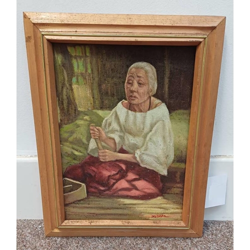 1112 - SMALL OIL ON CANVAS OF AN ELDERLY WOMAN , S.E. ASIAN SCHOOL. SIGNED INDISTINCTLY