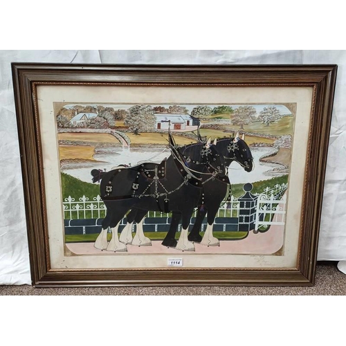 1114 - WILLIAM ROBBIE,  BLACK CLYDESDALES SIGNED FRAMED WATERCOLOUR 38 X 55 CM