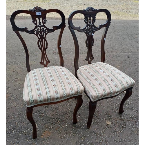 112 - PAIR OF 19TH CENTURY MAHOGANY HAND CHAIRS WITH DECORATIVE FRET WORK BACKS ON SHAPED SUPPORTS