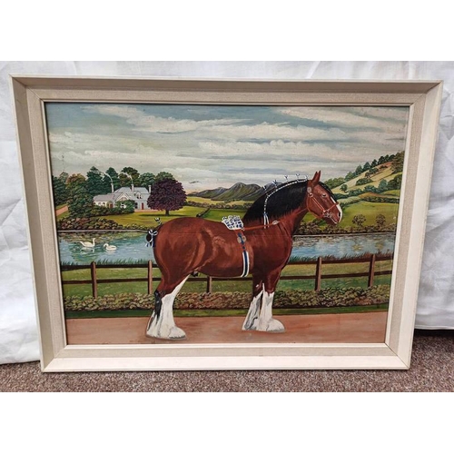 1120 - WILLIAM ROBBIE  CLYDESDALE STALLION SIGNED FRAMED OIL ON BOARD 36 X 49.5 CM