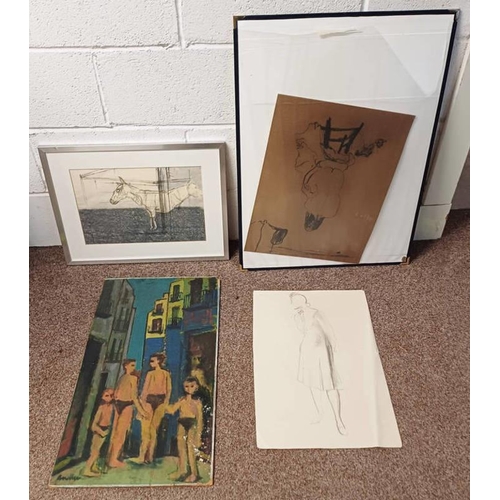 1125C - CONTEMPORARY SCHOOL - 2 LOOSE DRAWINGS & AN OIL ON BOARD TOGETHER WITH A FRAMED PENCIL SKETCH OF A H... 