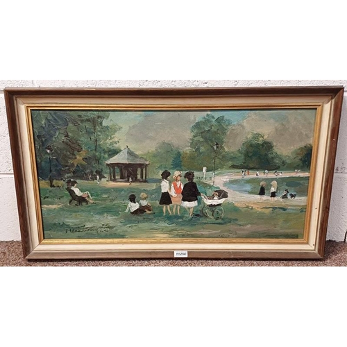 1125E - MANNER OF HELEN BRADLEY (1900-1979) WOMEN & CHILDREN BY A LAKE INDISTINCTLY SIGNED 36 X 75 CM