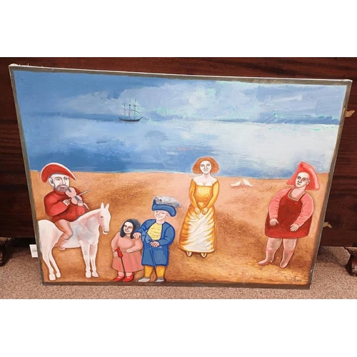 1125L - MCVEIGH PARTY ON THE BEACH SIGNED UNFRAMED OIL PAINTING 92 X 121 CM
