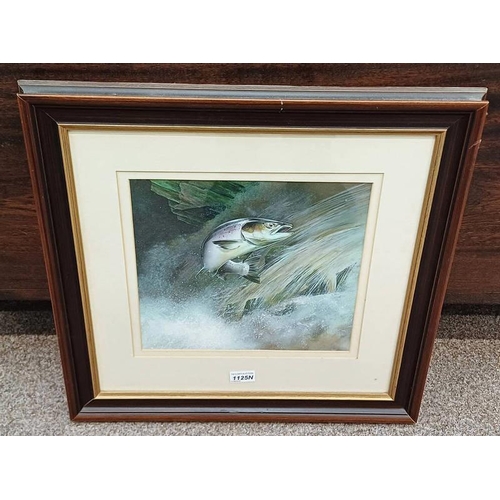 1125N - MAHOGANY FRAMED WATERCOLOUR OF A RAINBOW TROUT SWIMMING UP STREAM, UNSIGNED, 28 X 29 CM