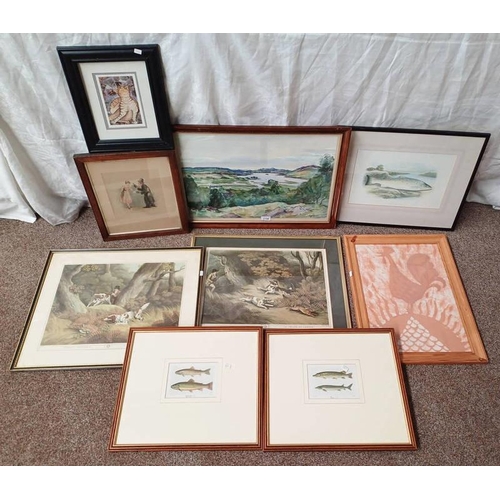 1128 - SELECTION OF PRINTS, WATERCOLOUR, ETC TO INCLUDE; J K MAXTON, HOUSE IN THE HILLS, SIGNED, WATERCOLOU... 