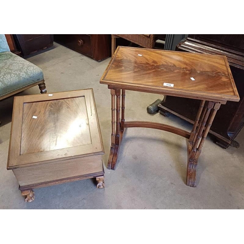 116 - MAHOGANY BOX WITH LIFT UP SLOPED TOP ON BALL & CLAW SUPPORTS & NEST OF 2 TABLES