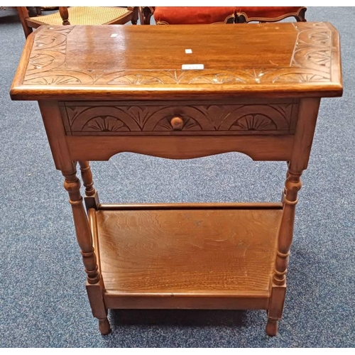 118 - MID 20TH CENTURY OAK HALL TABLE WITH CARVED DECORATION AND SINGLE DRAWER