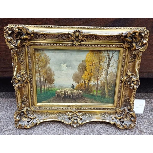 1184J - A BOURGOIN OUT WITH THE SHEEP SIGNED GILT FRAMED OIL ON CANVAS 22 X 31 CM