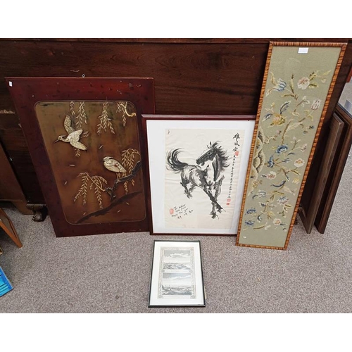 1184P - CARVED WOOD & BONE PICTURE OF 2 BIRDS IN FLIGHT, ORIENTAL WATERCOLOUR OF A HORSE & VARIOUS CHARACTER... 