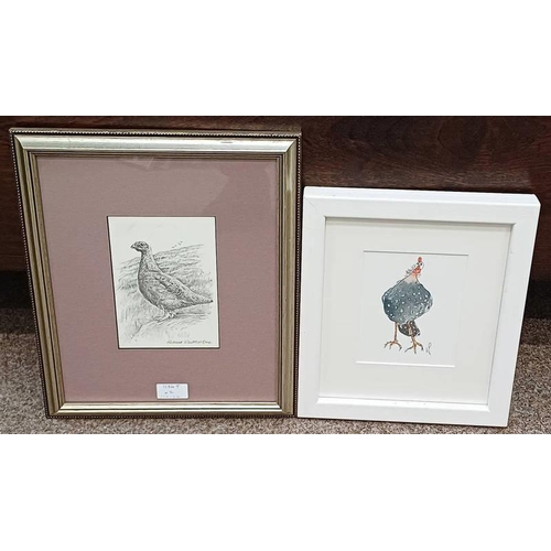 1184T - WENDY PAGE, ONE GUINEA, SIGNED, LABEL TO REVERSE, FRAMED WATERCOLOUR & INK, 15 X 12 CM, & RICHARD WH... 