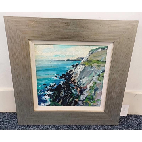 1184X - MARY WILSON - (ARR)  ROCKY SHORE SIGNED, LABEL TO REVERSE FRAMED OIL ON CANVAS 28.5 X 28.5 CM