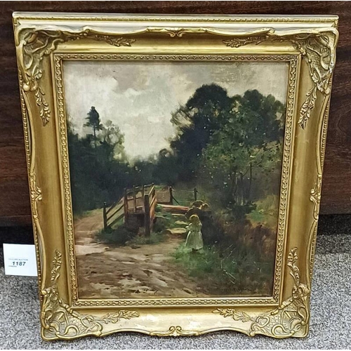 1187 - RUSSELL MACNEE - (ARR) CHILDREN AT A BRIDGE SIGNED FRAMED OIL PAINTING 44 X 34 CM