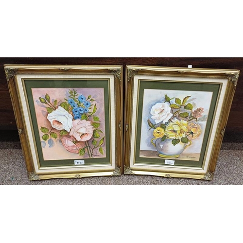 1191 - FRANCOISE SCOTT ROSES & CORNFLOWERS & ROSES SIGNED PAIR OF WATERCOLOURS 29 X 23 CM, & 28 X 24 CM