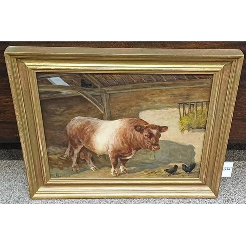 1194 - ALISON GUEST - (ARR)  BULL & BANTAMS SIGNED, LABEL TO REVERSE GILT FRAMED OIL ON BOARD 39 X 49 CM