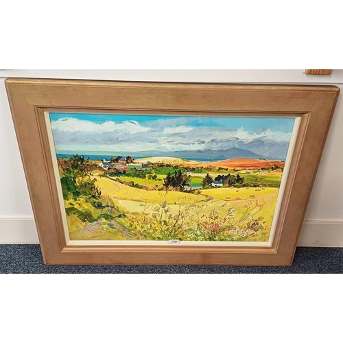 1197 - JAMES HARRIGAN - (ARR),  SUMMER MORNING SIGNED, LABEL TO REVERSE GILT FRAMED OIL PAINTING 48 X 73 CM