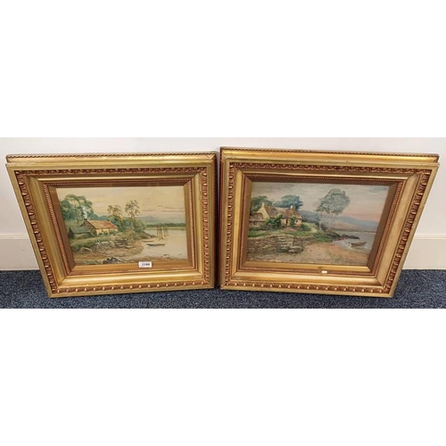 1199 - W S MYLES,  RIVER COTTAGE SCENES,  1 SIGNED,  PAIR OF GILT FRAMED WATERCOLOURS, 24 X 33 CM EACH