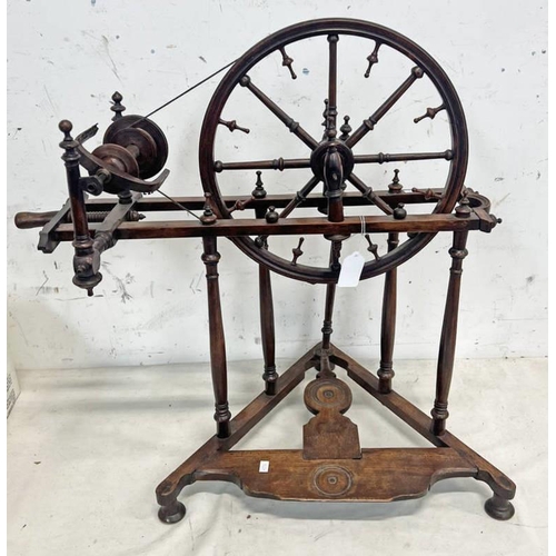 1201 - LATE 19TH OR EARLY 20TH CENTURY FIRE MAHOGANY SPINNING WHEEL, 60CM TALL