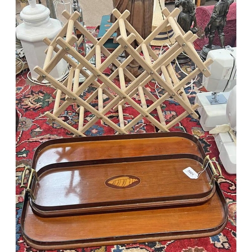 1202 - 2 BRASS HANDLED INLAID MAHOGANY DRINKS TRAYS WITH INLAID DESIGN, TOGETHER WITH A FOLDING DRINKS RACK... 