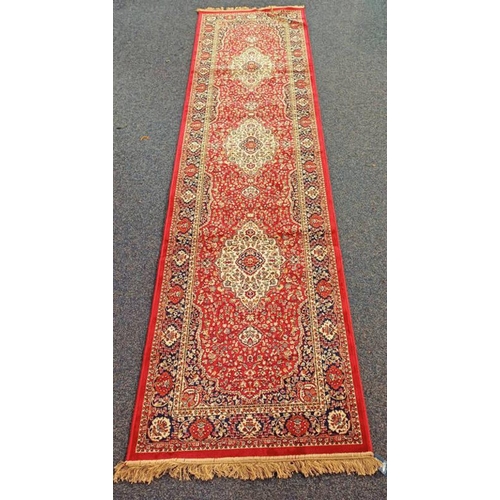 1204 - RED GROUND FULL PILE KASHMIR RUNNER FLORAL MEDALLION DESIGN - 300 X 77CM