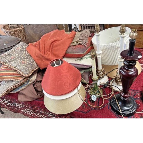 1207 - SELECTION OF CANDLESTICK LAMPS, CUSHIONS, & A SHINGORA WOOL SHAWL