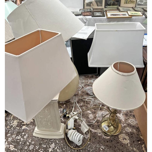 1208 - BRASS LAMP, CUT GLASS LAMP & 2 PORCELAIN LAMPS, ALL WITH SHADES, LARGEST 69CM