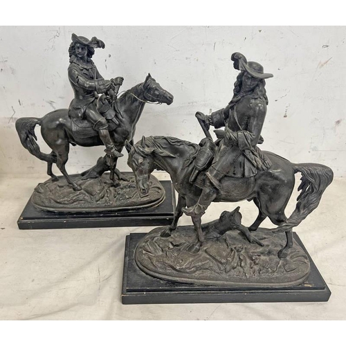 1225 - PAIR OF METAL FIGURES ON HORSEBACK ON WOODEN BASES, 38CM TALL EACH