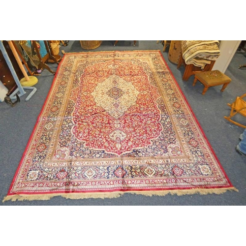 1246 - RICH RED GROUND FULL PILE CASHMERE CARPET WITH TRADITIONAL FLORAL MEDALLION DESIGN - 330 X 232 CM