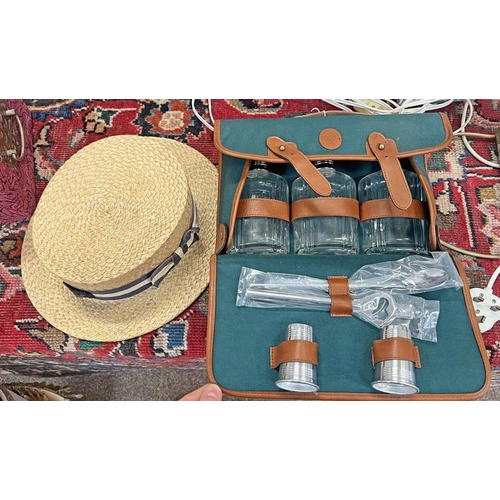 1256 - TRAVELLING DRINKS SET CONTAINING 3 BOTTLES, SHOT GLASSES, ETC IN GREEN & LEATHER CASE TOGETHER WITH ... 