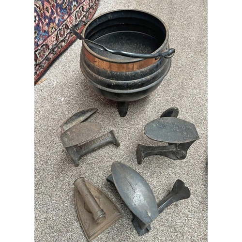 1263 - CAST METAL CALDRON WITH COPPER BOUND, SHOE LASTS ETC