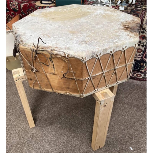 1264 - OCTAGONAL WOOD & ANIMAL SKIN DRUM WITH WOODEN STAND  (AF) 76CM ACROSS