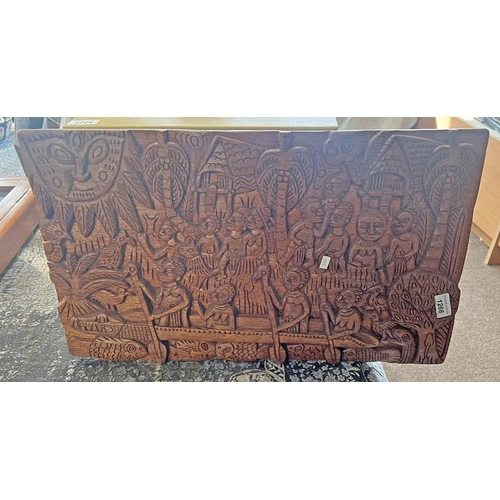 1266 - 2 CARVED WOODEN TRIBAL SCENES DEPICTING FIGHTING & RIVER SCENES, 36 X 59 CM