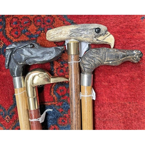 1267 - 4 MODERN NOVELTY WALKING STICKS WITH ANIMAL HEAD TOPS, LONGEST 95CM