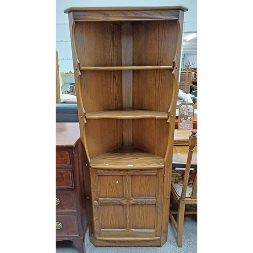 127 - ERCOL ELM CORNER CABINET WITH OPEN SHELVES OVER SINGLE PANEL DOOR