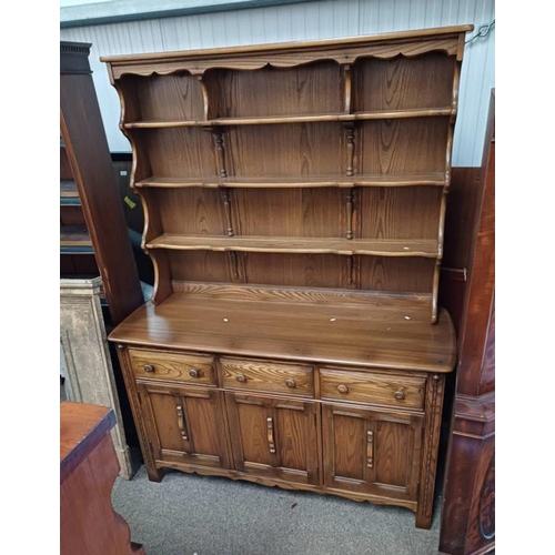 127A - ERCOL ELM DRESSER WITH SHELF BACK OVER BASE OF 3 DRAWERS OVER 3 PANEL DOORS. 192 CM TALL X 145 CM WI... 